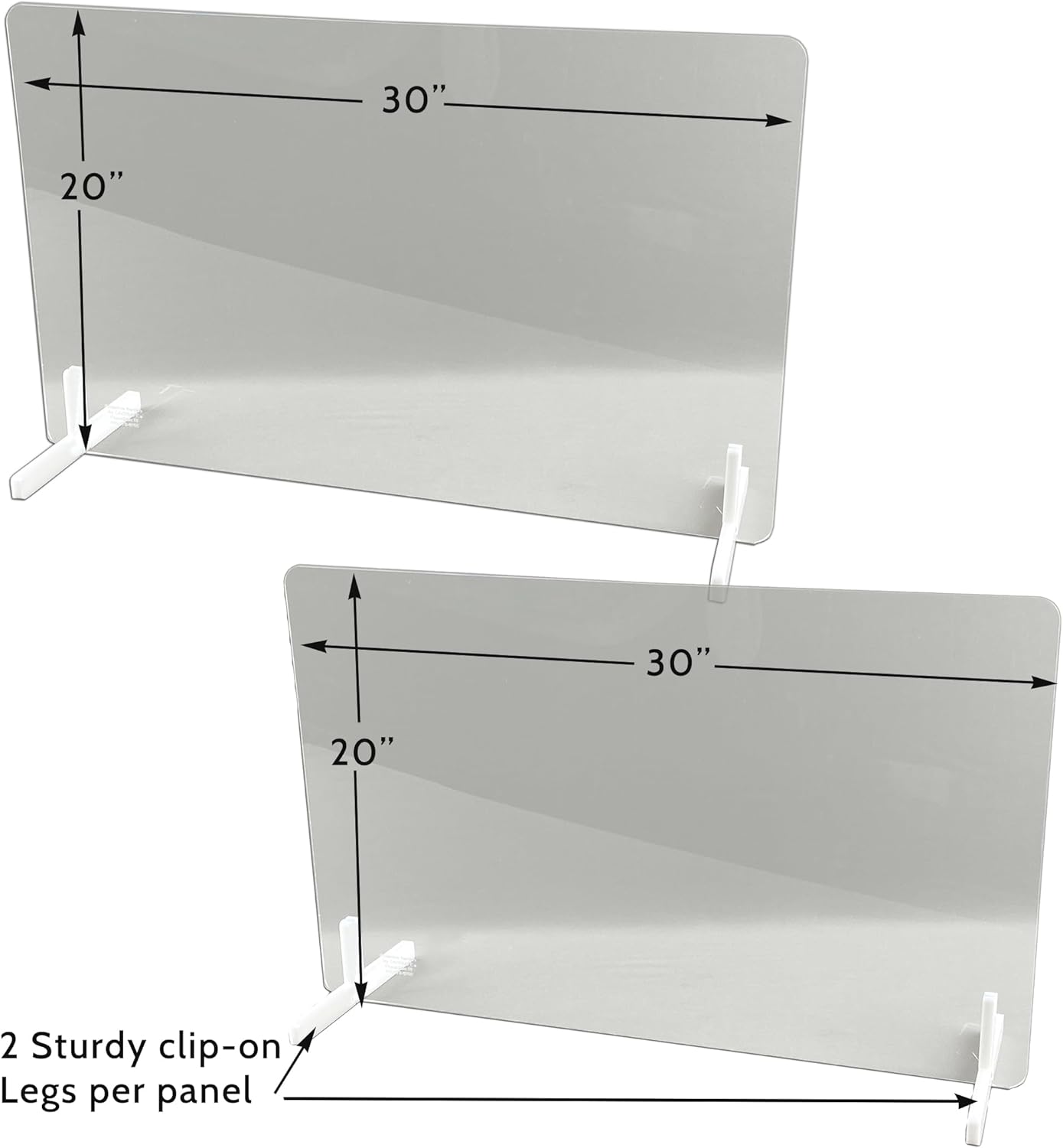 CAKESAFE - (2) 30"Wide x 20"High, Free Standing Protective Acrylic Sneeze Guard Safety Barrier, Desk Counter, Two Panels, each panel has two Sturdy Support Stands