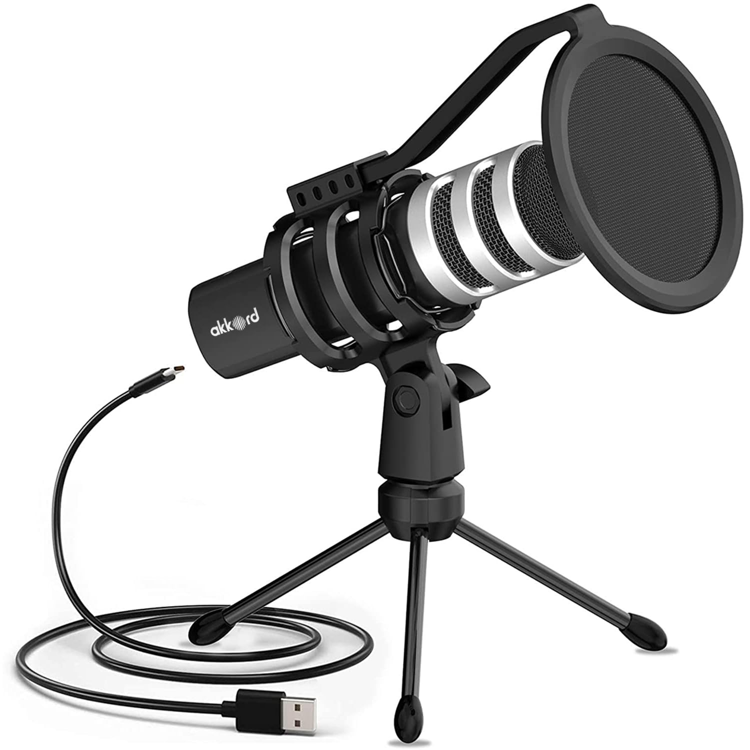 AKKORD Mikrofon USB ze statywem – kardioidalny mikrofon pojemnościowy 192 kHz/24 bit, membrana 9,7 mm, Plug & Play, do podcastów, przesyłania strumieniowego, nagrywania głosu, gier - do komputerów PC