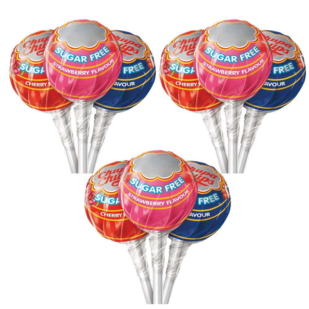 Chupa Chups Sugar Free Lollipops 3 Assorted Flavours, Pack of 9 (cola cherry strawberry) Confectionery Sweets Candy Suckers with Welari Thank You Card | (9pack)