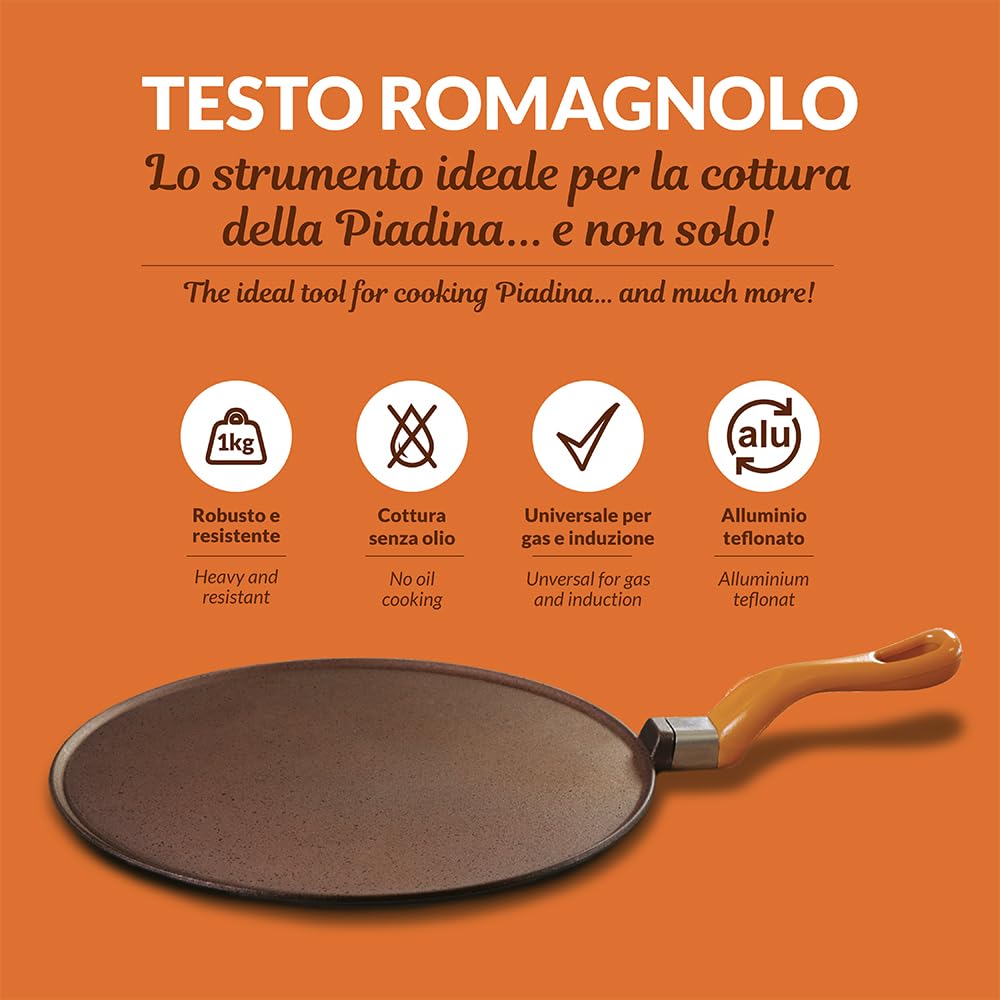 Testo Romagnolo 32cm – Padella per piadina universale gas e induzione, antiaderente in alluminio teflonato, manico bachelite, per carne e verdure