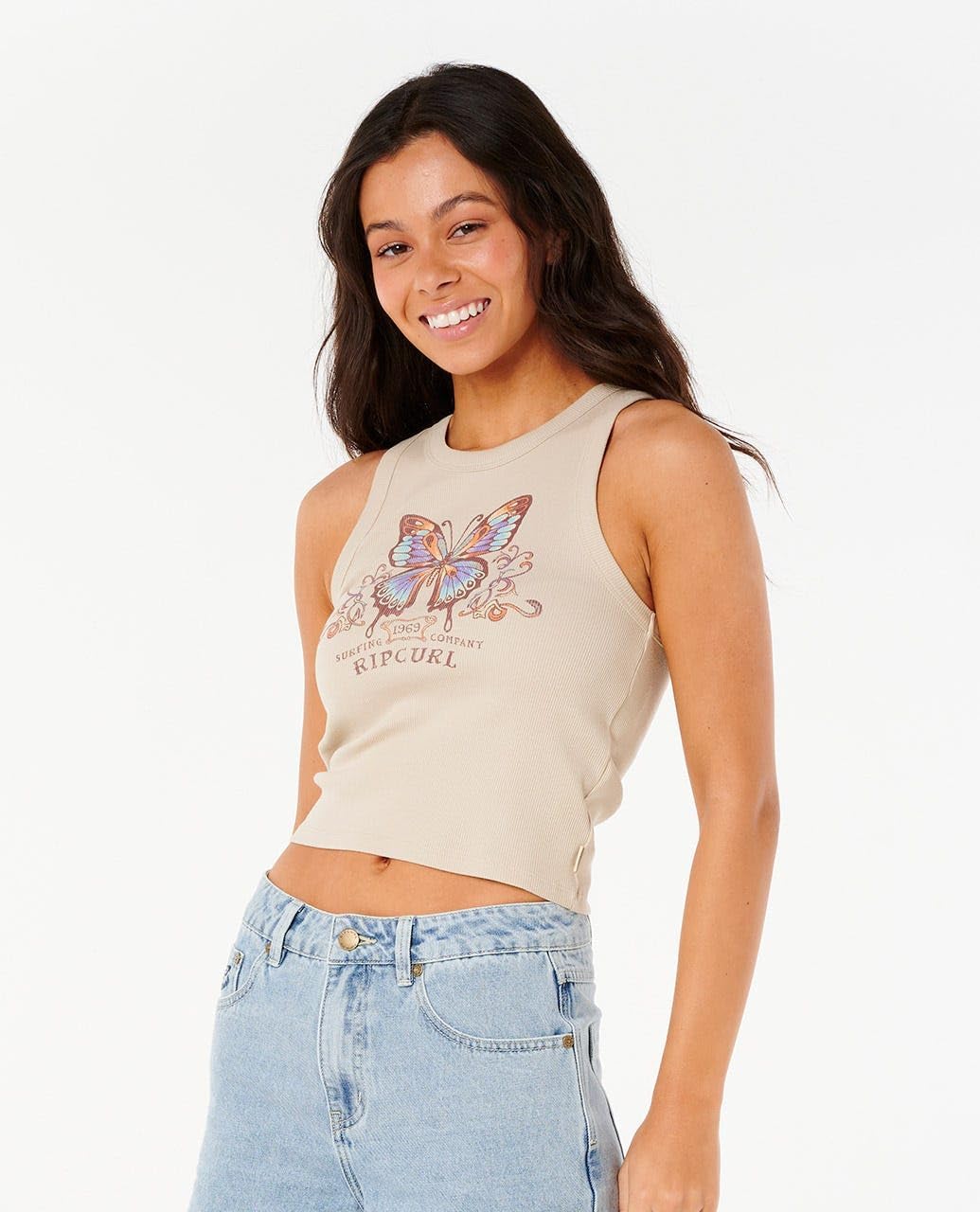 Rip Curl Women’s Butterfly Ribbed Tank Top – Stretch-Knit Sleeveless Tee with Embroidered Butterfly Chest Graphic