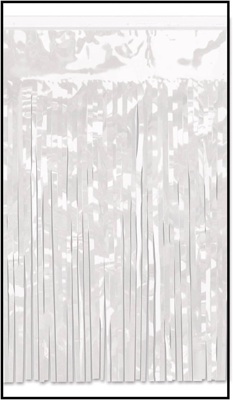 Metallic Curtains for Parties, 2 Ply Flame Resistant White Fringe Drape 15 Inch x 10 Feet, Pack 6