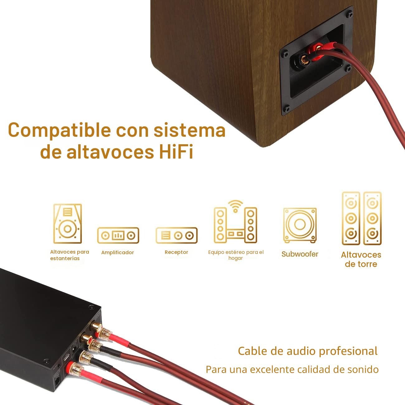 LONPOO Cable para Altavoces HiFi de pared de Cobre Puro con Conectores Banana Chapados en oro, 14 AWG, 2 m