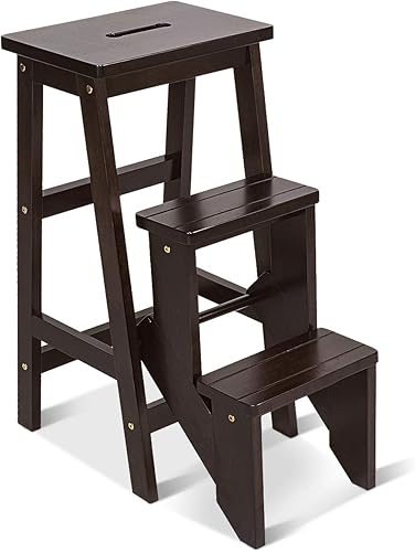 Miniatura 1 de DORTALA Taburete plegable de 3 niveles, banco multifuncional de madera de goma, asiento de utilidad portátil, estante de flores, diseño ligero,