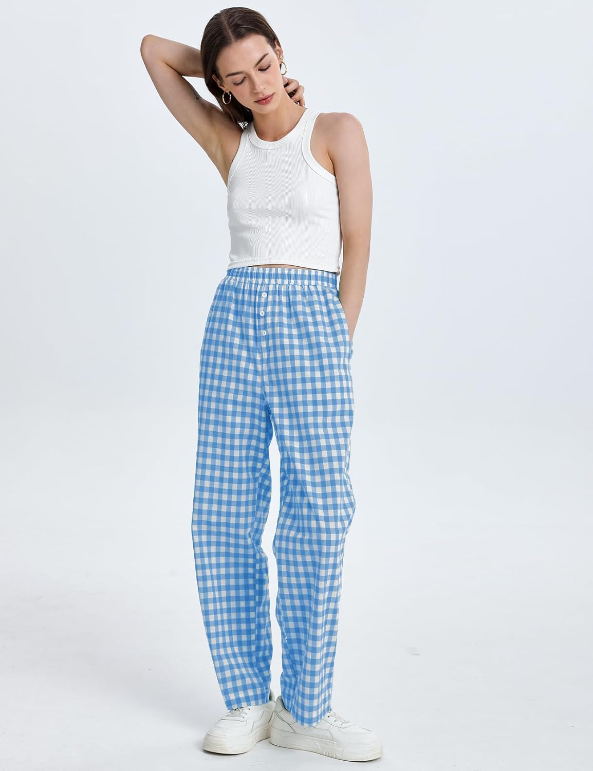 Flygo Womens Pajama Pants Wide Leg Gingham Lounge Pants Plaid Cotton Pajama Bottoms with Pockets - Image 2