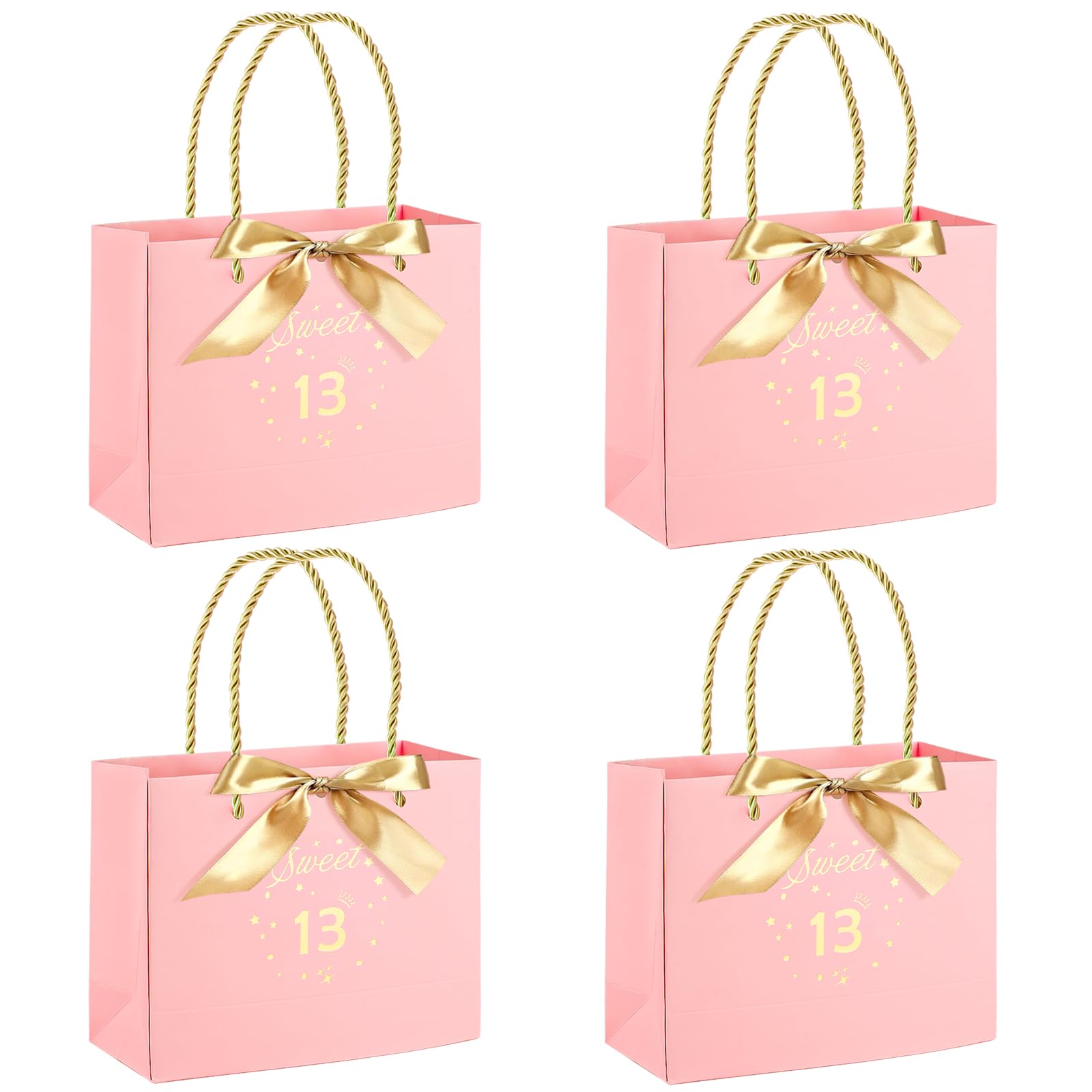 Pink Sweet 13 Gift Bags with Gold Ribbon Bow & Handles - 4 Pcs Small Paper Favor Bags for 13th Birthday Party, Wedding & Anniversary Decorations Reusable Party Favor Bags for Candies, Gifts & Treats โ image 1