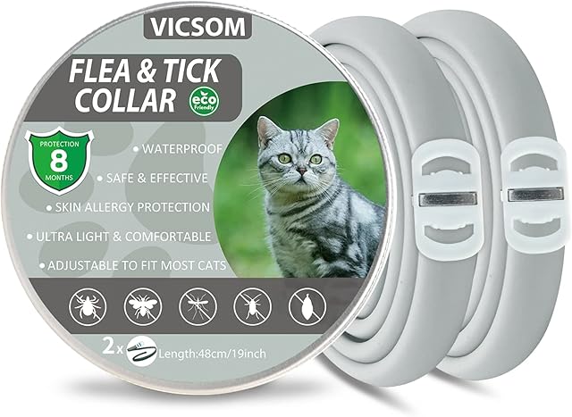 Flea and Tick Collar for Cats, Flea Cats Collar, Flea Treatment Cats, 8 Months Protection Waterproof Adjustable Cat Flea and Tick Collar, Natural Anti Tick Collar for Kittens Cats Puppies Grey 2Pcs