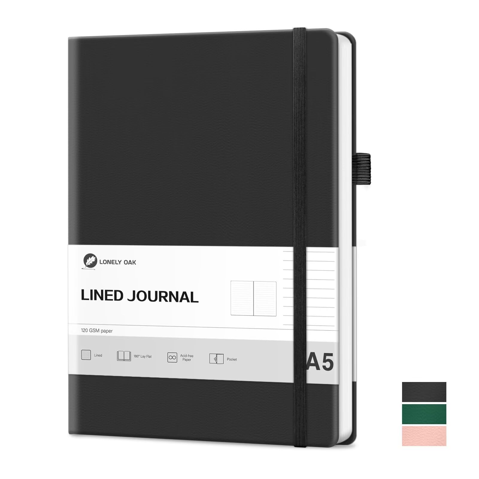Lonely Oak Lined Journal Notebook, A5 Hardcover Lined Notebook for Women & Men, 120GSM Acid-Free Paper with Leather Hardcover and Inner Pocket, Daily Diary Journal for Work(Black) — image 1