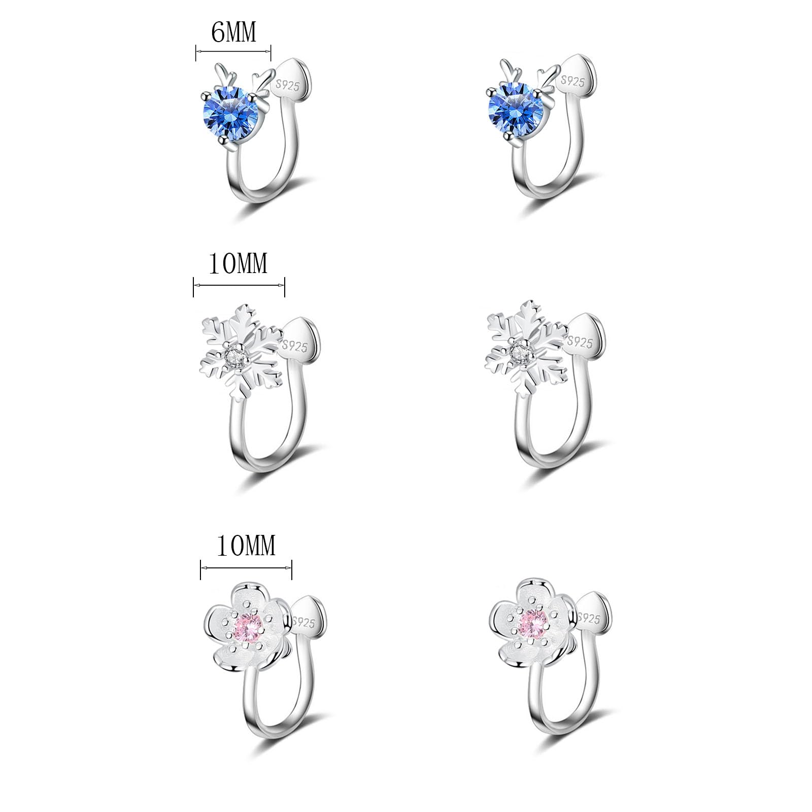 3 Paia Orecchini Clip per Donna Bambina Zirconi Orecchini Fiore e Fiocco di Neve Argento Ear Cuff Fiore Orecchino Senza Buco Piccoli Finti Orecchino in Argento 925 Donna Brillante Anallergici