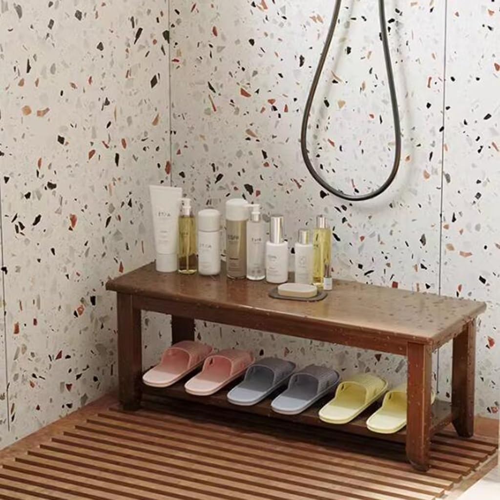 Wodoodporna ławka prysznicowa z litego drewna z półką do przechowywania, wygodny stołek łazienkowy do spa, sauny, tarasu i ogrodu, 80 x 30 x 40 cm i stylowy design