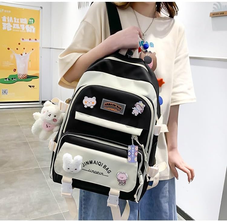 Miniatura 4 de 5pcs Kawaii Mochila Set Linda Mochila Estética Preppy Laptop Mochila Japonesa Mochila Universitaria, Negro -, Tamaño único, Mochila, simple