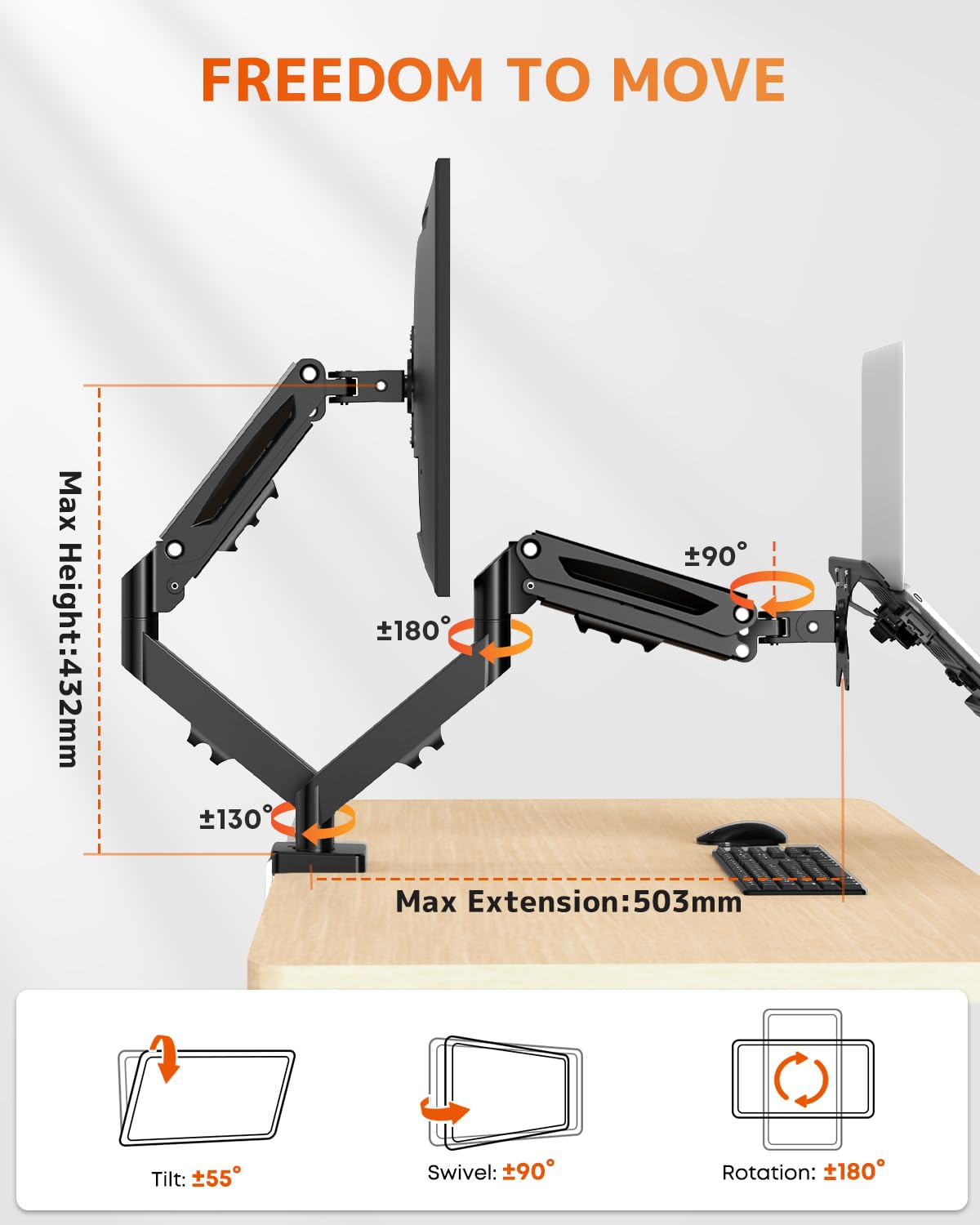 PUTORSEN Supporto Monitor Braccio con Vassoio per Laptop, Regolabile Supporto per Notebook per Schermi LED LCD da 17 a 32 Pollici o Notebook Fino a 17 Pollici, Peso 9 kg,2 Tipi di Installazione