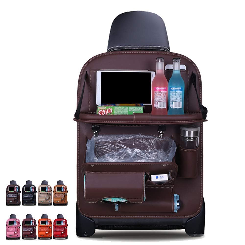 Organizador Del Asiento Automóvil, Organizador De Accesorios De Viaje En Automóvil De Cuero De La PU, Con Bandeja Plegable Y Bote De Basura, Alfombrillas Protectoras Del Asiento Trasero,Café