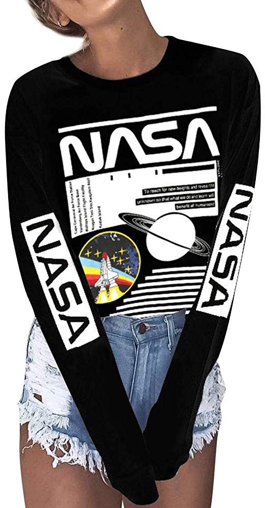 YuanLong Sleeve NASA Letter Print Shirt Space Graphic Tee Novelty T-Shirts Pullover Sweatshirt Tops for Women