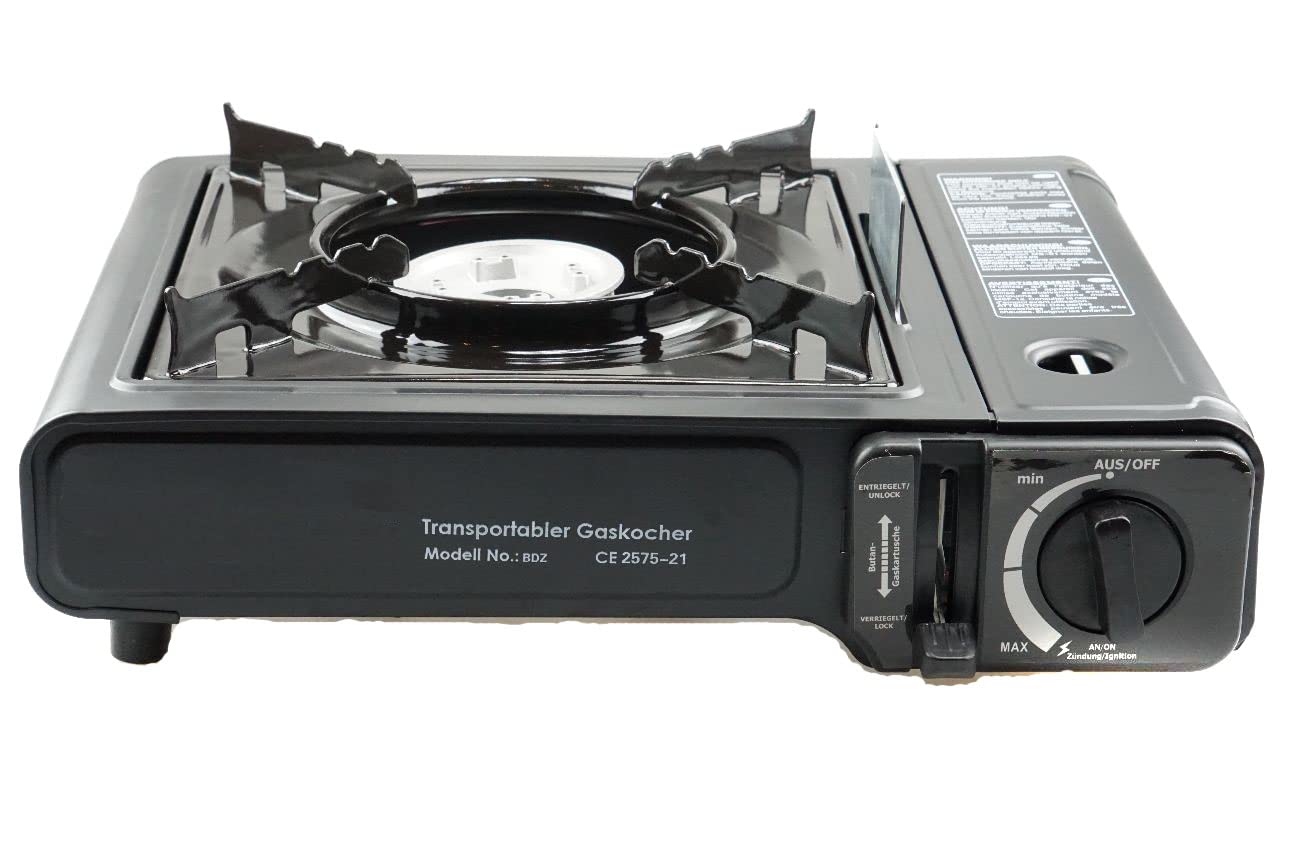 Hornillo de gas con caja de almacenamiento, cartuchos de gas, cocina de gas, cocina de gas, caravana, camping, autocaravana y exterior (ad-idden)