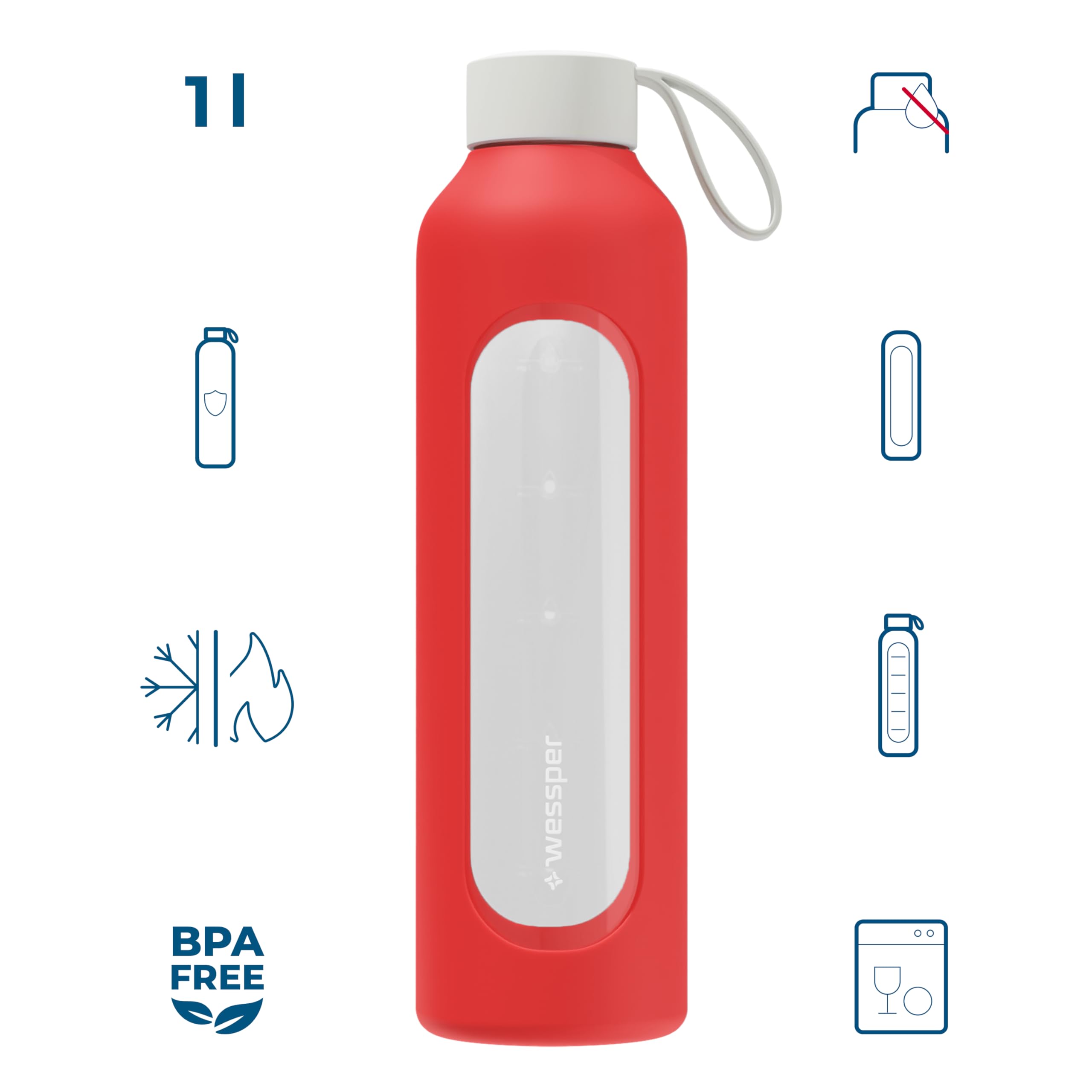 Wessper Borraccia in vetro rivestimento in silicone, bottiglia in vetro borosilicato con indicazione del tempo 1 litro, borraccia sportiva Ideale per fitness, scuola, sport, bambini – Rosso