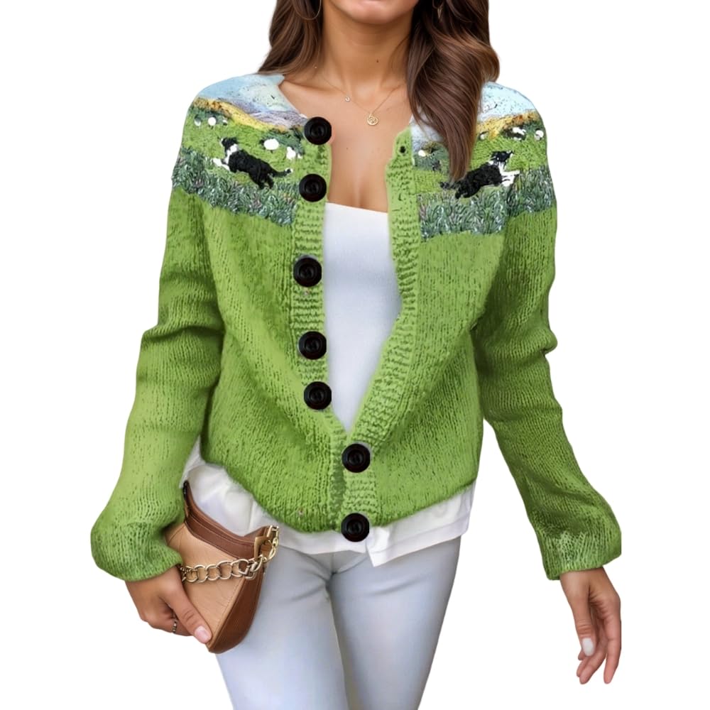 Womens Fall Winter Knit Floral Graphic Cardigan Sweaters Casual Fit Front Button Down Long Sleeve Fun Coat for