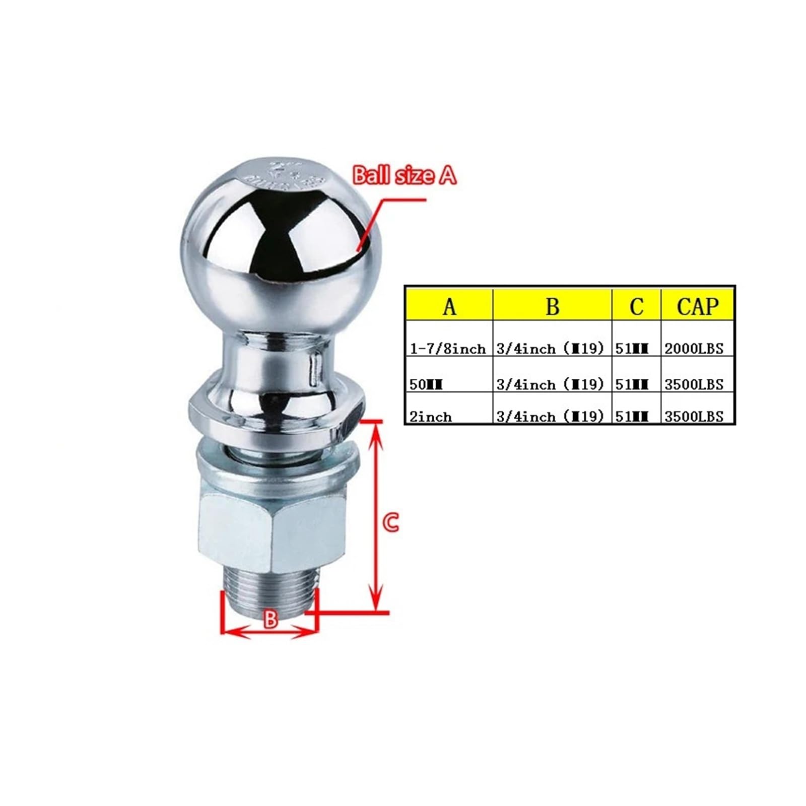 Bola de Remolque de Enganche Cromado 1-7/8 2 Pulgadas 50mm 3/4(M19) diámetro del vástago. Acoplamiento de Piezas de Bola de Remolque de Enganche(2inchXM19)
