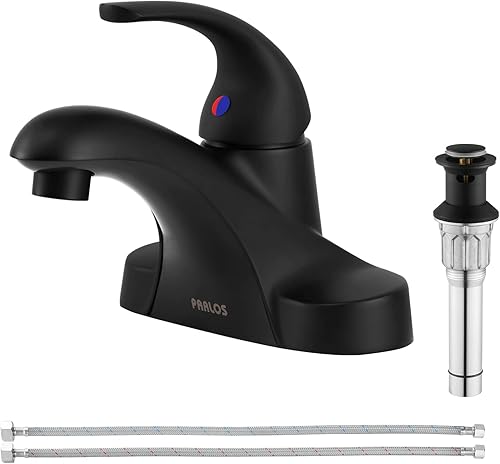 PARLOS Grifo de lavabo de baño de arco medio de una manija con montaje de drenaje de metal y líneas de suministro de grifo cUPC