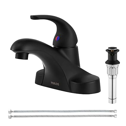 PARLOS Single Handle Mid Arc Centerset Bathroom Sink Faucet with Metal Drain Assembly and cUPC Faucet Supply Lines (1.5GPM, Matte Black)