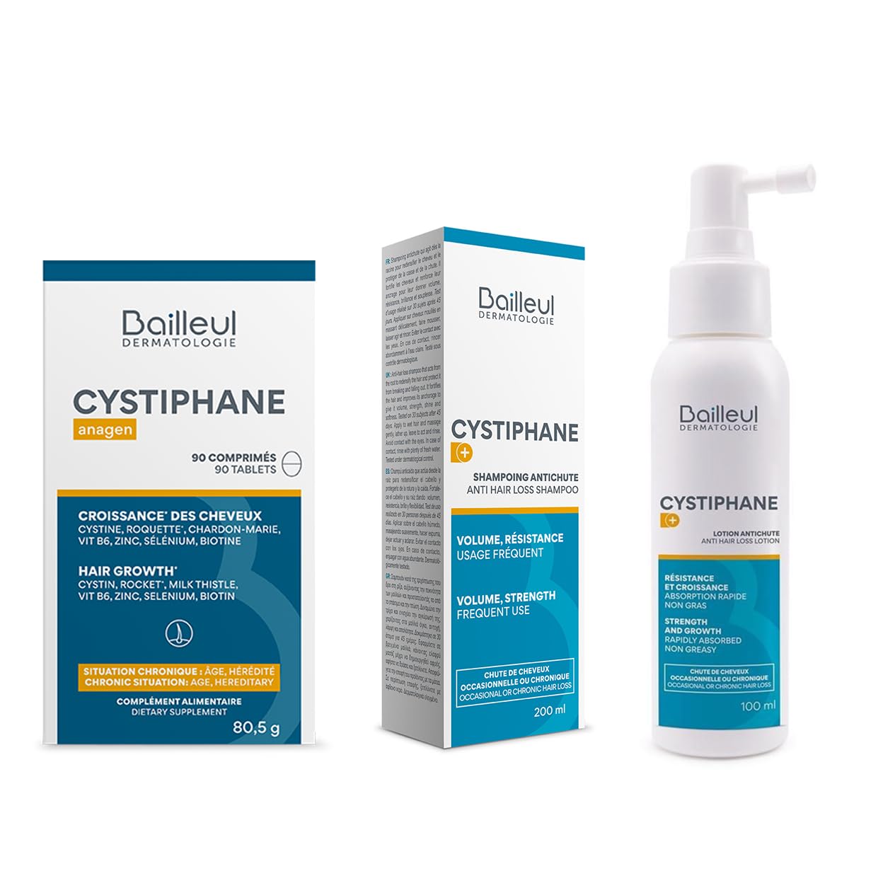 Bailleul | Pakiet zapobiegający wypadaniu włosów | Cystiphane Anagen Suplement diety pudełko 90 tabletek + Cystiphane+ Szampon zapobiegający upadkowi 200 ml + Cystiphane+ Balsam zapobiegający upadkowi