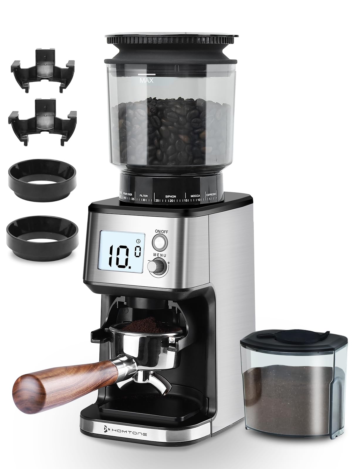 Homtone Conical Burr Espresso Coffee Grinder, 51 Precise Settings, Electric Mill with Portafilter Holder, 2-12 Cups Adjustable, Anti-static, Stainless Steel, 120V