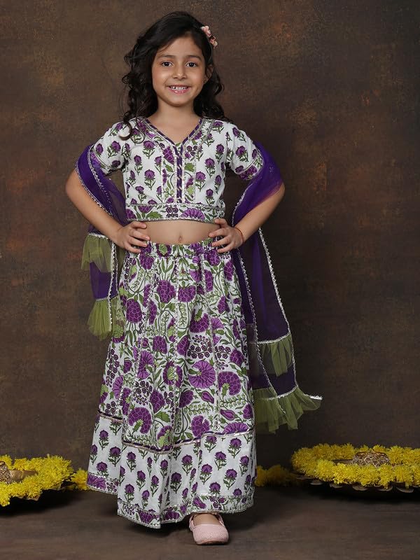 Image of superminis Girls Cotton Floral Printed Gotta Work 3 /4 Sleeves Flared Design Kurti & Sharara Set