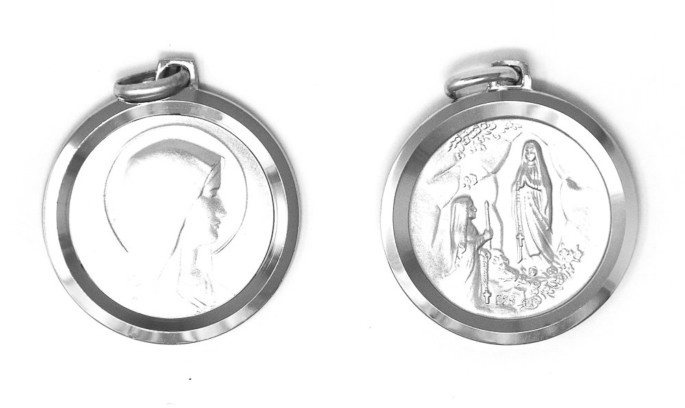 Médaille et croix argent double face Apparition et Vierge de profil 25 mm