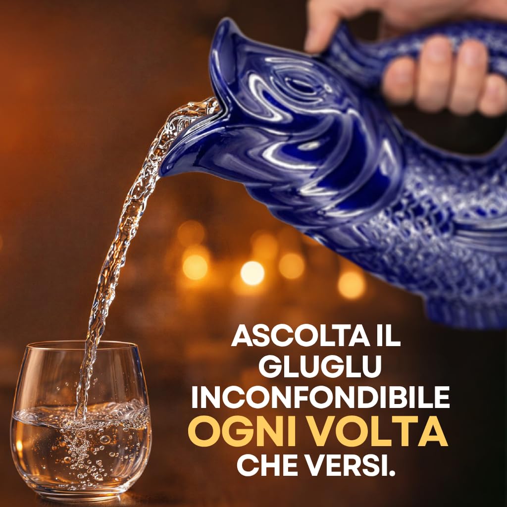 The Bubble Jug Brocca Acqua Blu Cobalto Scuro da 1,5 l Caraffa Acqua e Cocktail Extra Large a Forma di Pesce Brocca Ceramica Decorativa per Cocktail, Acqua, Gin - Brocca Gorgogliante
