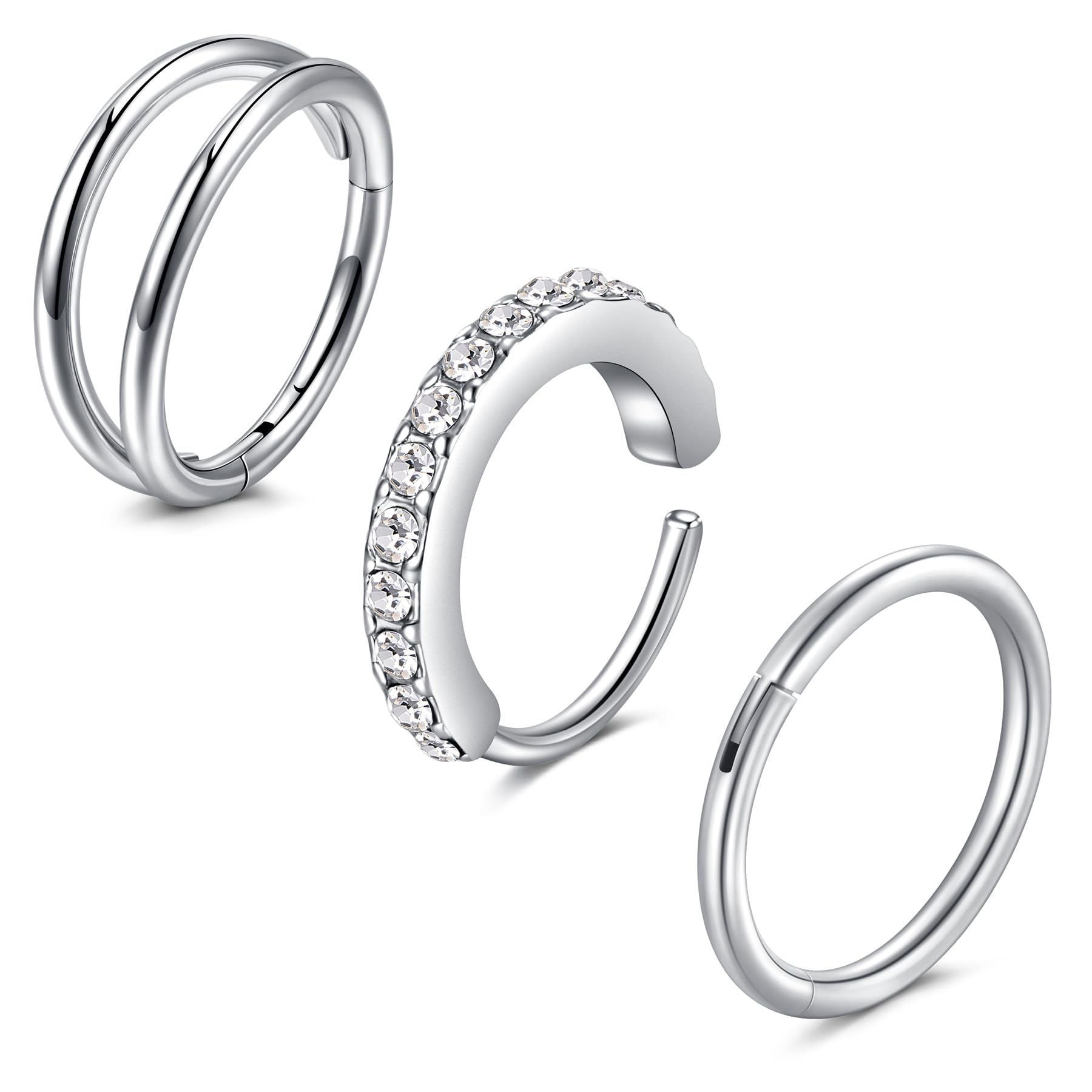 Funseedrr 3 Stück Silber Golden Silber Nasenringe mit Scharnier, 20G 8mm 10mm Edelstahl Septum-Reifen Lippenringe Helix-Knorpel Conch Rook Ohrringe Piercing-Schmuck