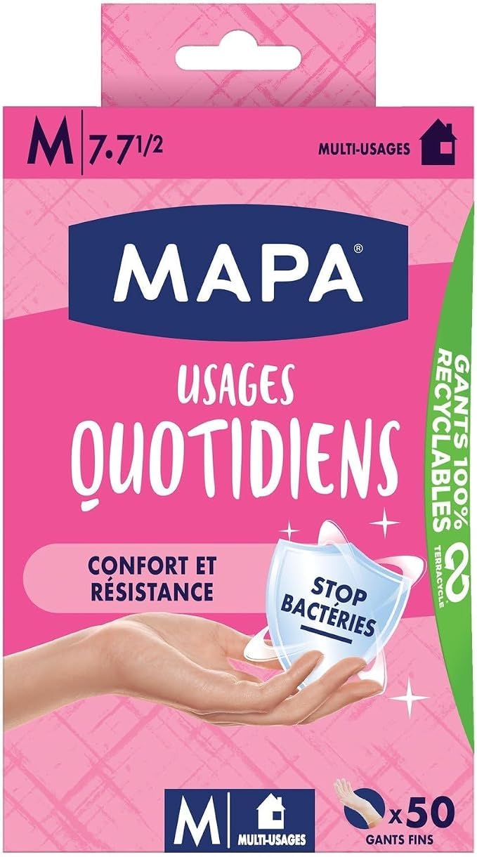 MAPA Gants Fins Usages Quotidiens Taille M – Boîte de 50 Gants en Vinyle Non Poudrés – Anti-Bactériens, Sans Latex, Multi-Usages, Confortables – Lot de 2