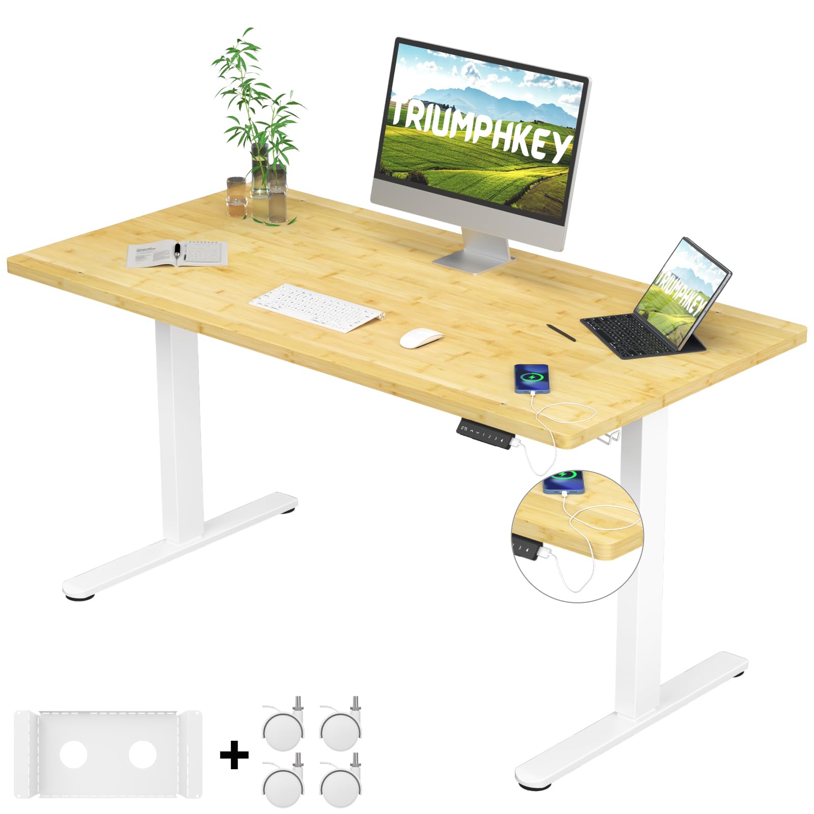 Elevable Eléctrico de BAMBÚ con Tablero Entero 140x70cm, Standing Desk con 4 Alturas de Memoria de Elevación y Ruedas, Mesa con 2 Motores, Capacidad de Carga 100KG para Oficina y Hogar