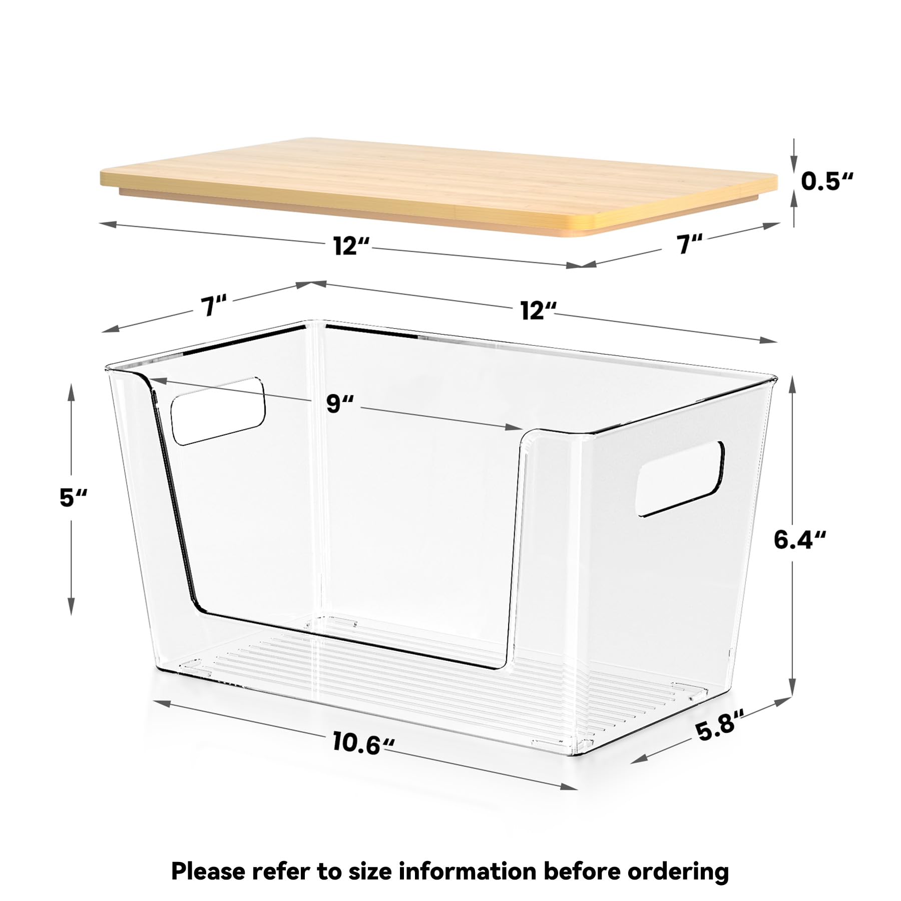 Paquete de 6 contenedores de almacenamiento apilables transparentes con tapas de bambú, contenedores de almacenamiento de plástico con asa para despensa, baño, cocina, armario, organizador de 2