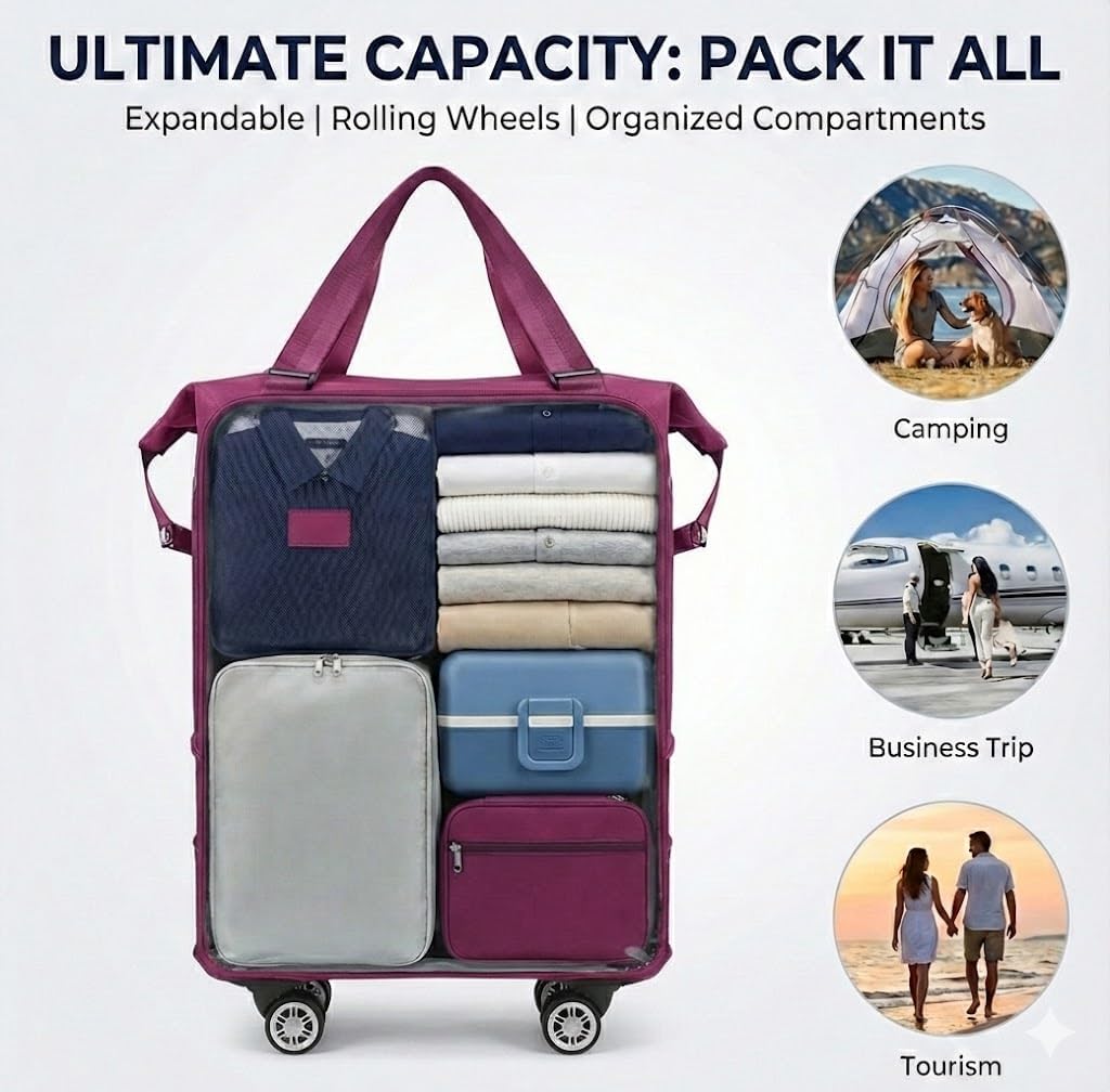 360° Spinner Wheel Duffel Bag, 3-in-1 Expandable Tote & Weekend Luggage with Detachable Strap, Large Capacity Carry-On Bag for Travel, Business Trip, Gym & Overnight (Pink)
