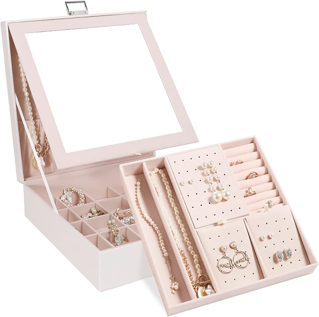 Tikea Jewellery Box Organiser for Women Girls, 2 Layers Earrings Organiser with Mirror, PU Leather Jewellery Box 39 Slots Display Storage Case for Earrings Rings Necklaces Bracelets, White