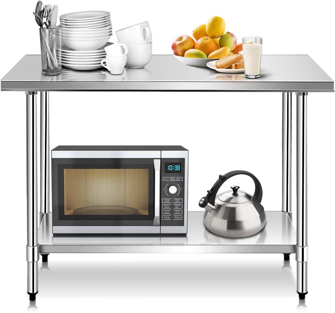 tonchean Stainless Steel Tables Commercial Kitchen Catering Table Heavy Duty Preparation Work Bench with Adjustable Under Shelf for Restaurant Home Hotel 91 X 61 X 85 cm