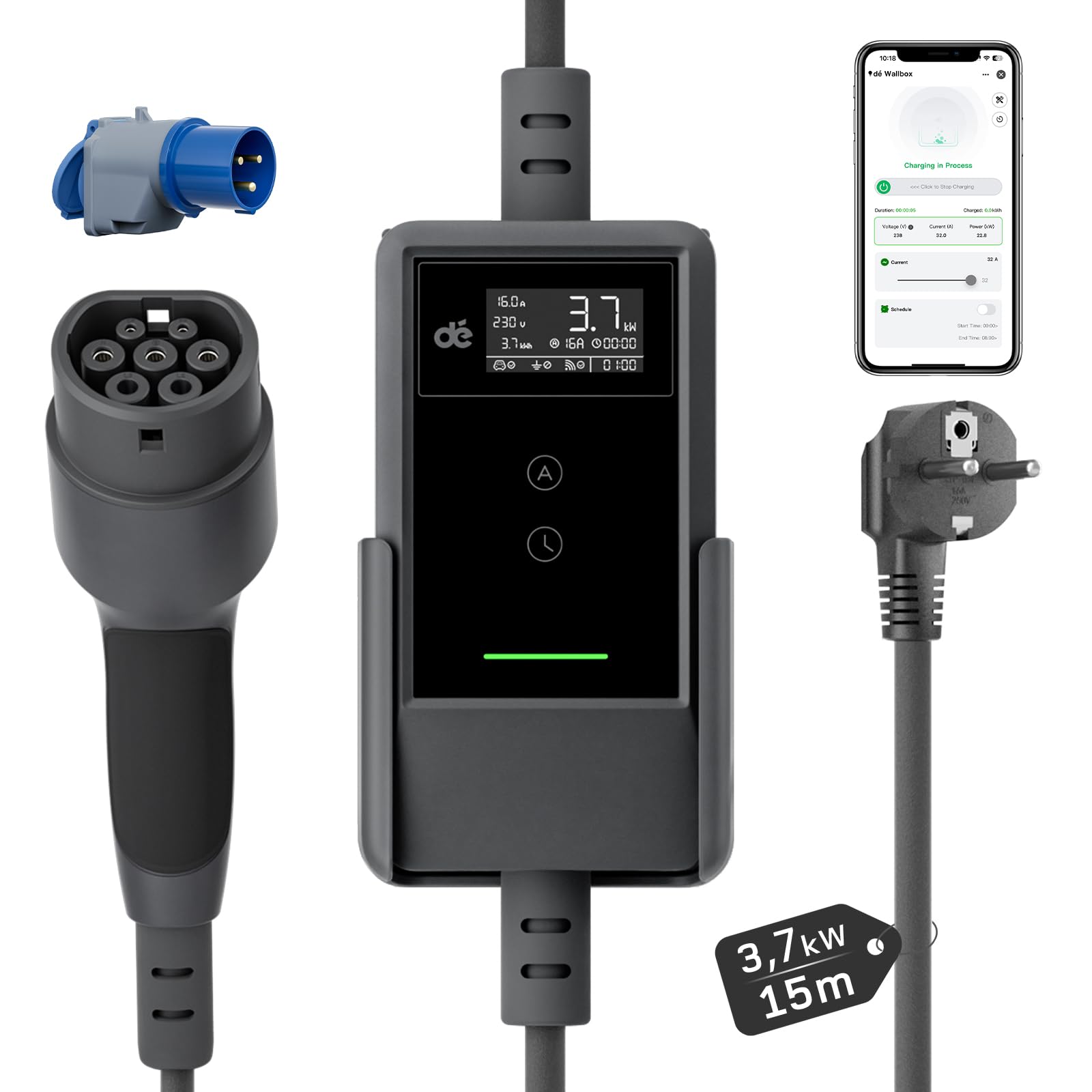 dé Typ 2 Ladekabel Schuko mit APP 3,7kW [15m, 6-16A, 1-phasig] Ladekabel Typ 2 Schuko mit Digitalem LCD - EV Charger 3,7kW für e Auto ID.3/4/5/7, Model Y/3, ENYAQ und Anderen PHEV/EV