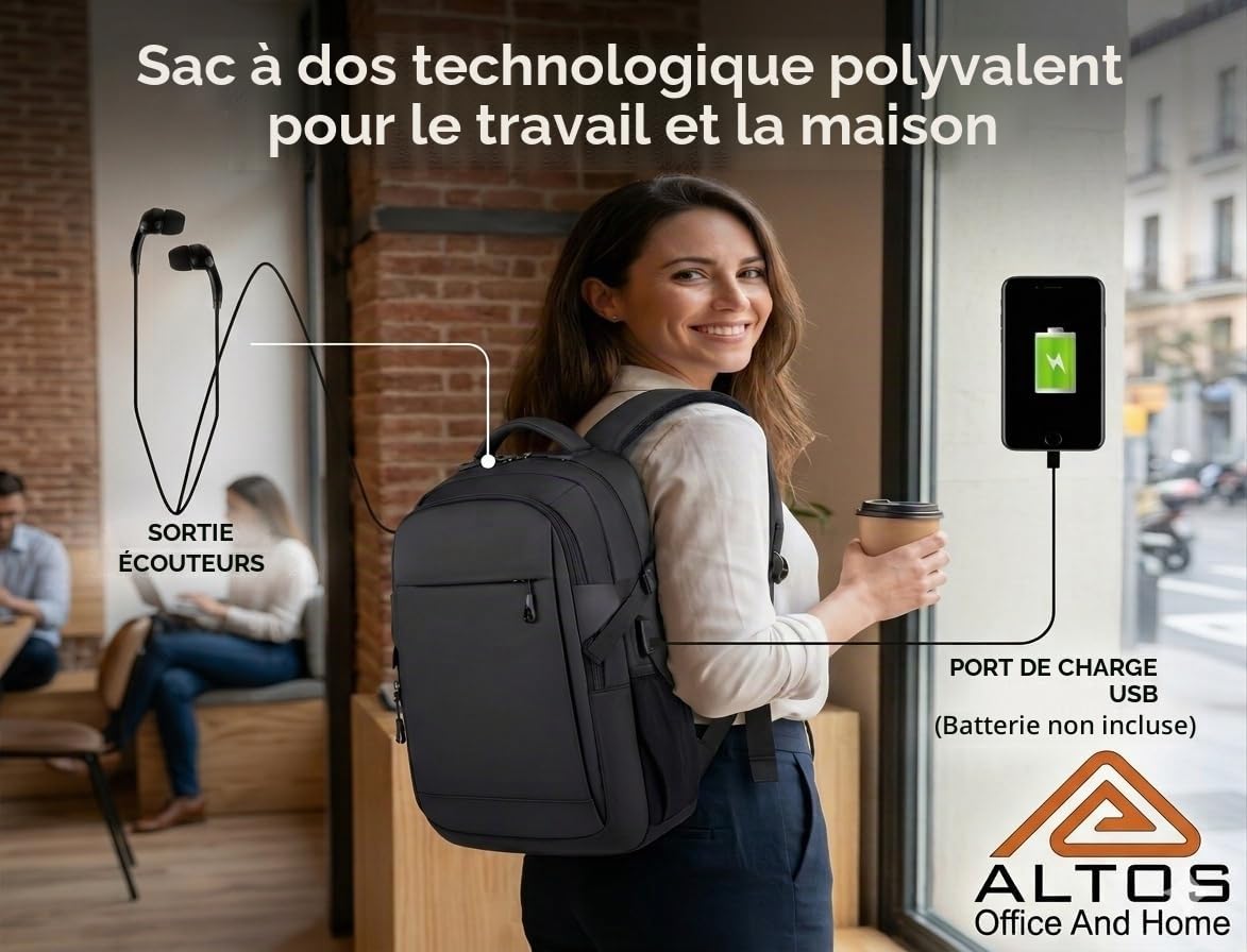 ALTOS OFFICE AND HOME Sac à dos pour ordinateur portable, voyage d'affaires et d'étude, port USB, ordinateur portable jusqu'à 15,6", noir, antivol, idéal pour la randonnée, imperméable, résistant aux