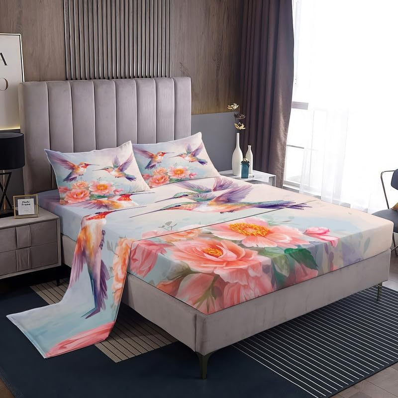 Juego de sábanas tamaño Queen de colibrí, sábanas de microfibra suave, bolsillo profundo, sábanas y fundas de almohada estampadas sin arrugas, 4