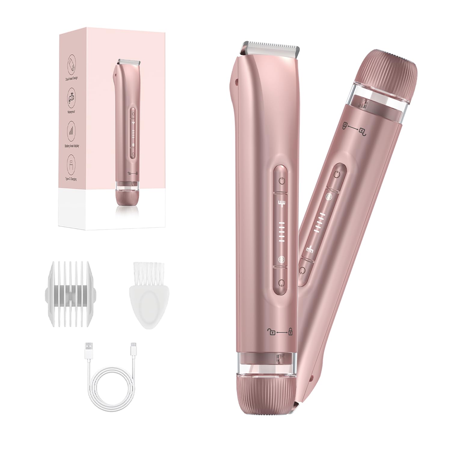2 in 1 Women Electric Shaver Dual Head Bikini Trimmer for Women IPX7 Waterproof Wet & Dry Use Body Hair Trimmer Replaceable Hair Remover for Bikini