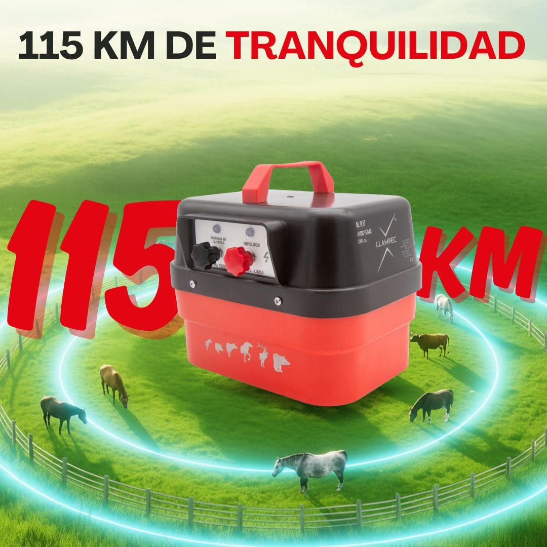 Pastor eléctrico Llampec Mod.R17 con conexión a red 230V – 7 J, 10.000 V y 115 km de alcance – Ideal para ganado equino, vacuno, porcino, ovino y animales salvajes – Fabricado en España