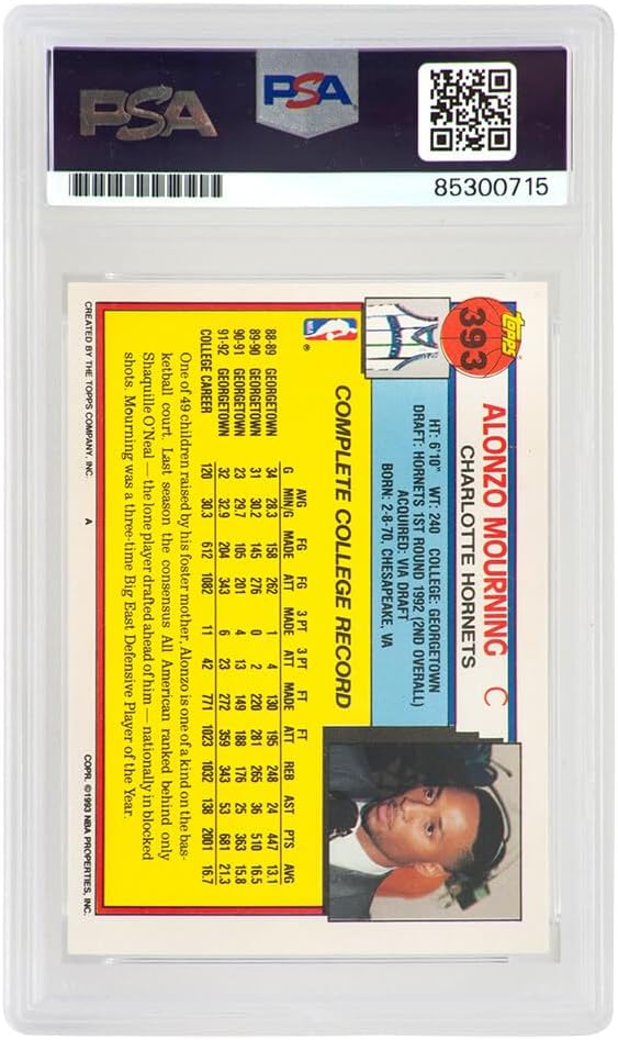 Alonzo Mourning Signed Hornets 1992-93 Topps Rookie Basketball Card #393 (PSA Encapsulated - Auto Grade 10)