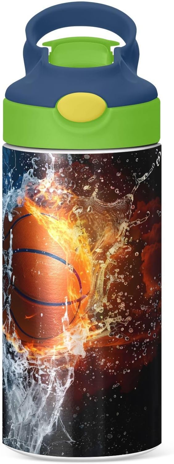 Kids Water Bottle Basketball Water 12 oz, Stainless Steel Sports Mug, Portable Insulated Water Flask with Handle - Image 4