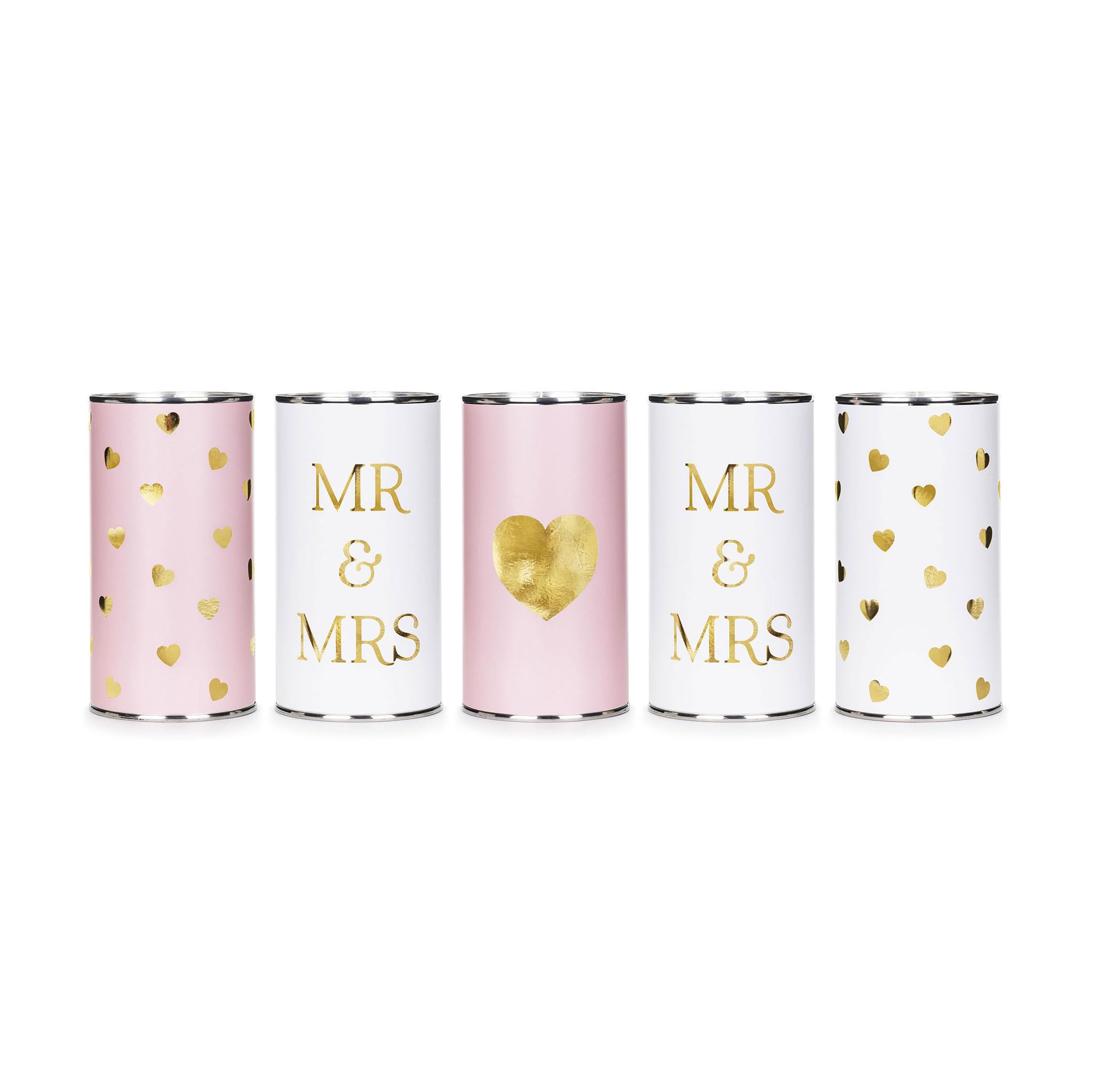 PartyDeco Mr & Mrs - Set di 5 barattoli per auto da 14 x 7 cm, decorazione per auto per matrimonio, decorazione per auto e matrimonio, colore: bianco e rosa