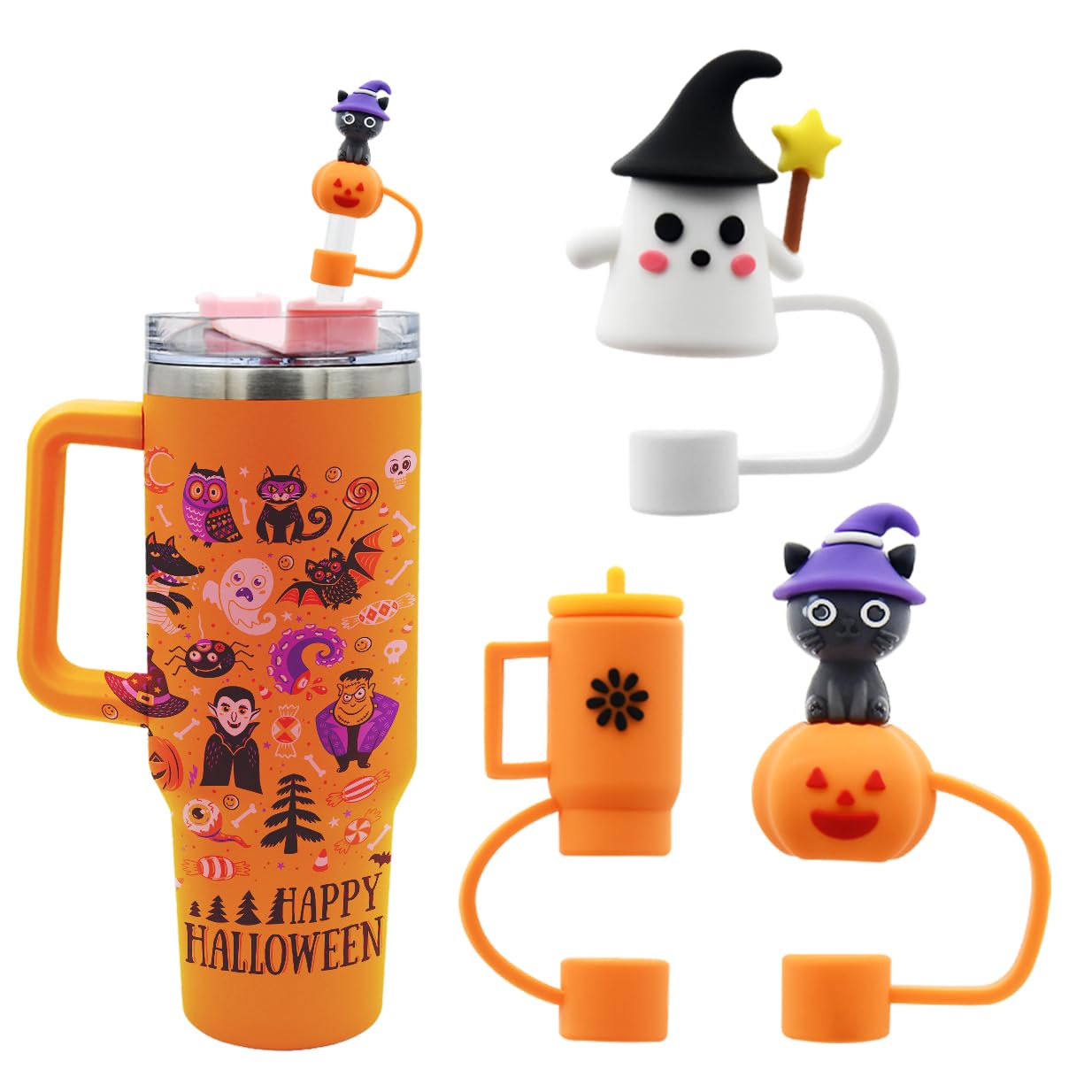 Straw Cover Cap for Stanley Cup,Straw Topper Compatible for 30 and 40 Oz Tumbler with Handle,10 mm 0.4 in Reusable Straw Tips Lids,Straw Tip Covers Gifts (3pcs HalloweenGift F)