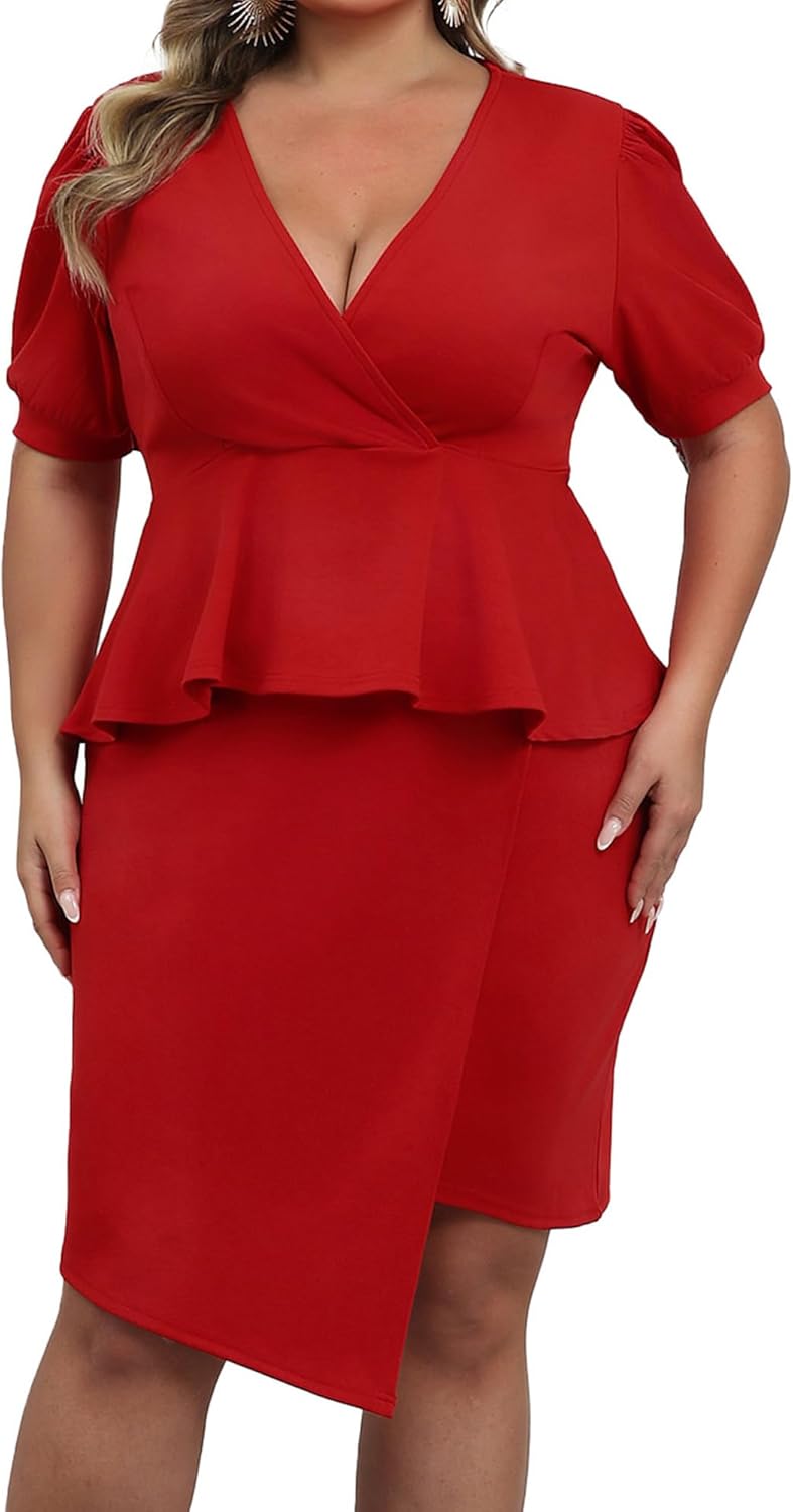 Plus Size 2 Piece Peplum Dress Outfits for Women Sexy Party Cocktail Bodycon Dresses Sets Skirts Suits Sets