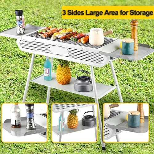 Barbecue a carbonella, portatile grande griglia da tavolo con 2 reti e 1 piastra per griglia, barbecue pieghevole all'aperto per 5-8 persone, 3 ripiani portaoggetti