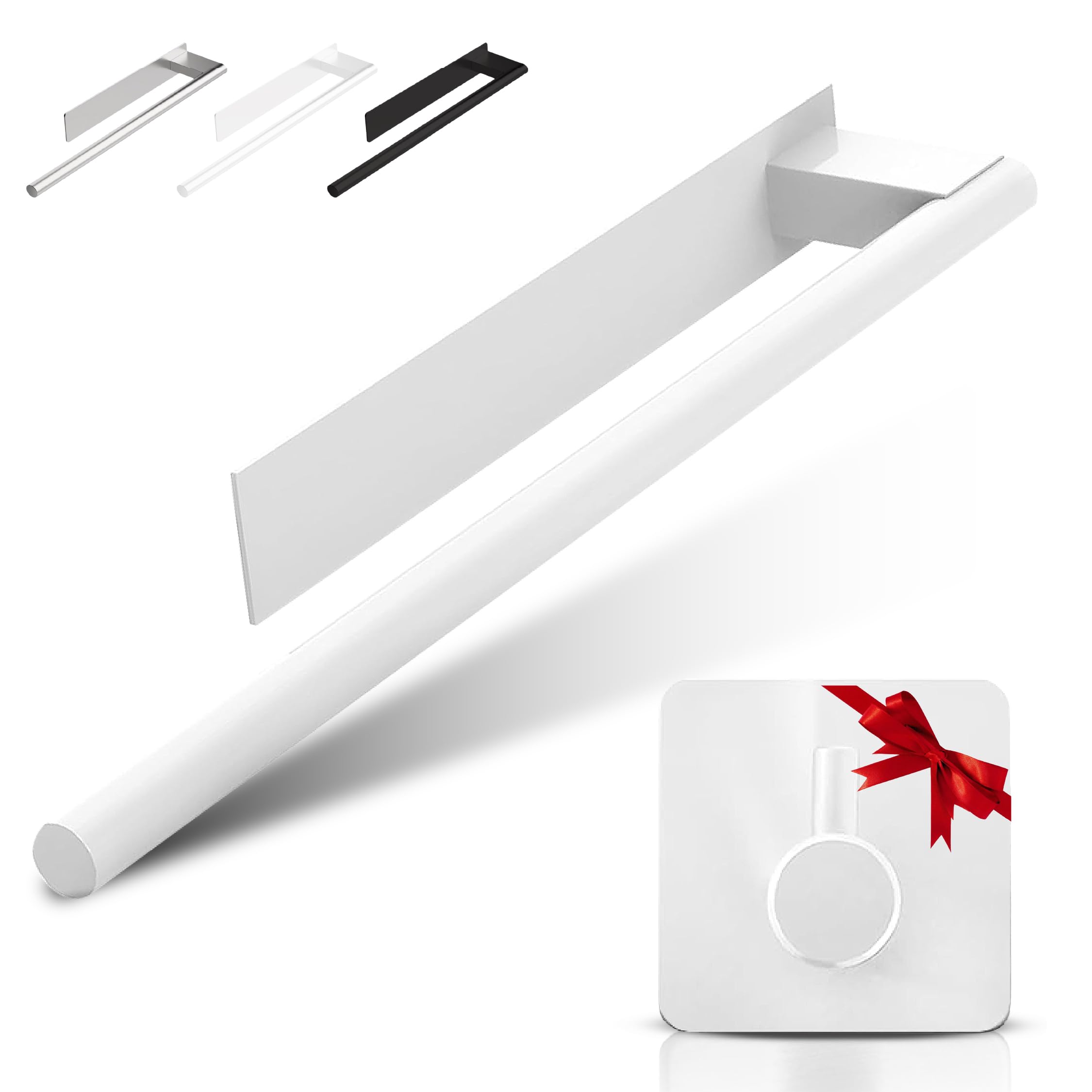 Adhesive Towel Rail Bathroom Drill-Free 39 cm, Stainless Steel, Towel Bar with 3M Adhesive and Gift Hook (1, White)