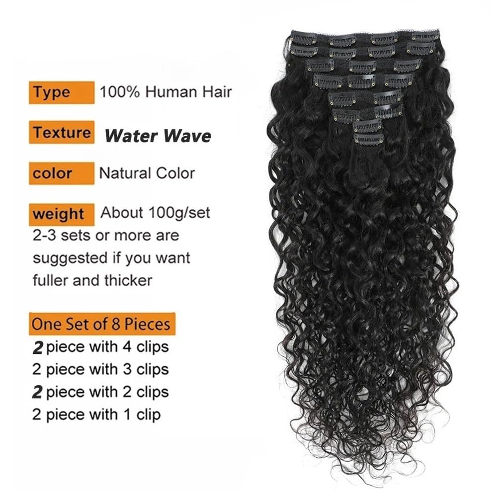 Doren Deep Curly Clip In Human Hair Extensions for Women 8 Pcs 20 Clips 120g Brazilian Remy Hair Water Wave Clip Ins Natural Black 8-24 Inches(8inches)