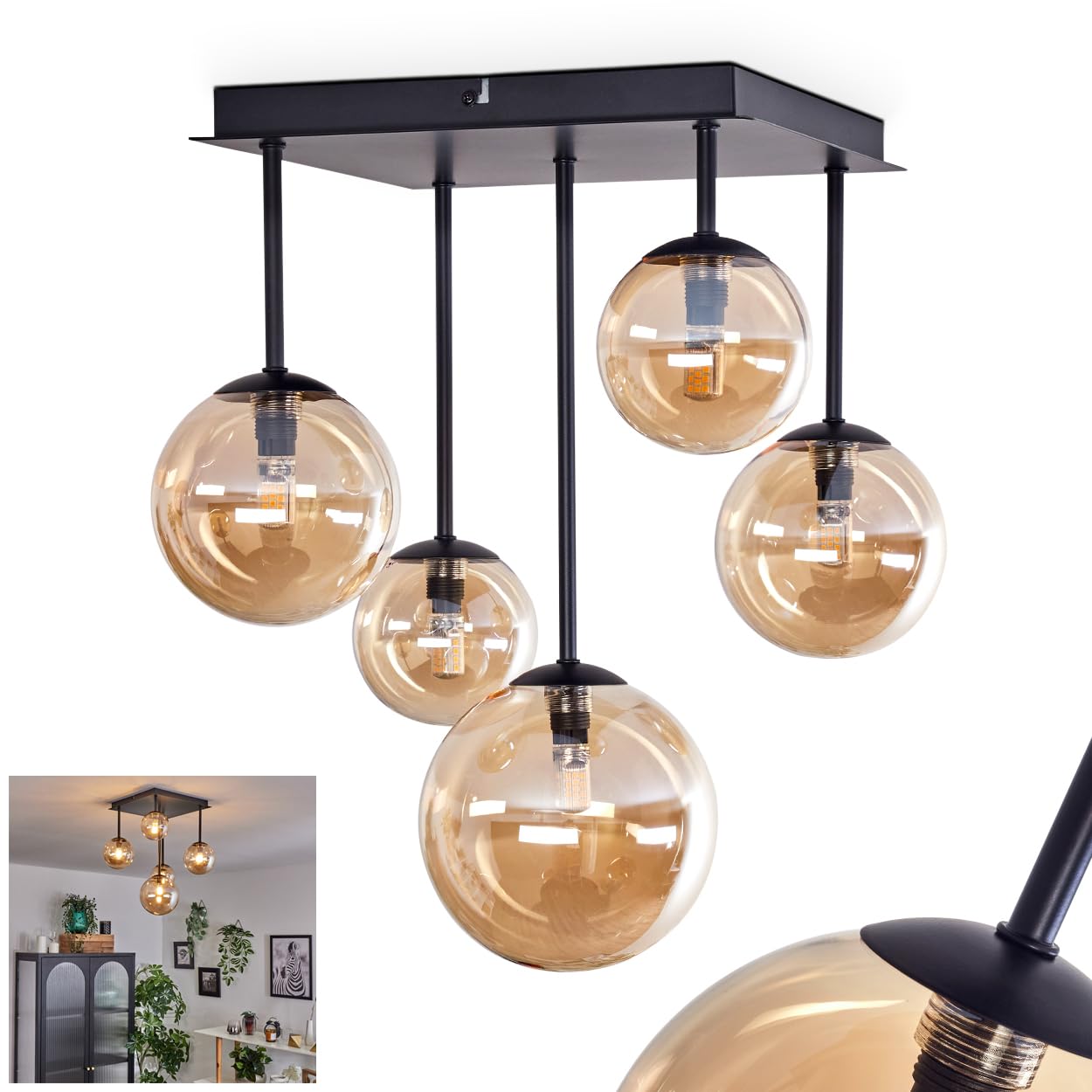 HOFSTEIN Deckenleuchte Chehalis, Deckenlampe aus Metall/Glas in Schwarz/Bernstein, Leuchte im modernen Retro/Vintage-Design mit Schirmen aus Glas (Ø 10, 12, 15 cm), 5 x G9, ohne Leuchtmittel